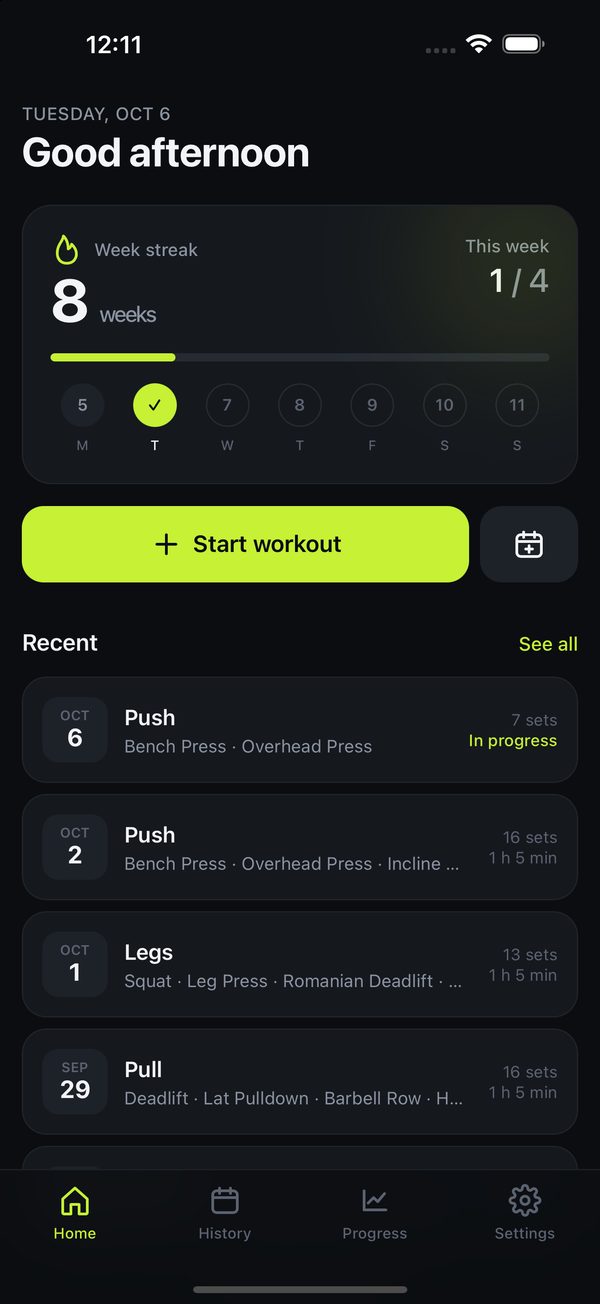 The Home screen: an eight week streak, this week's progress, and recent workouts