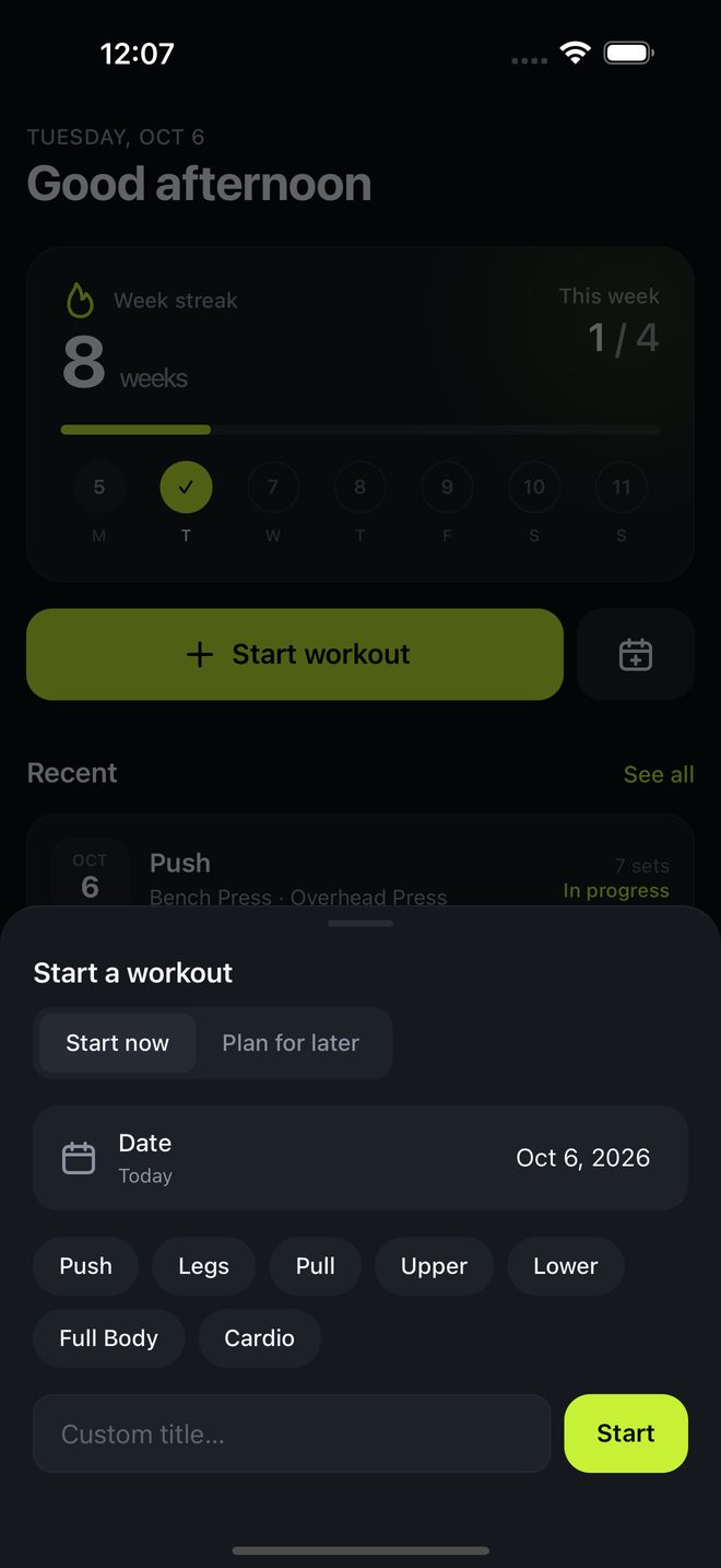 The Start a workout sheet