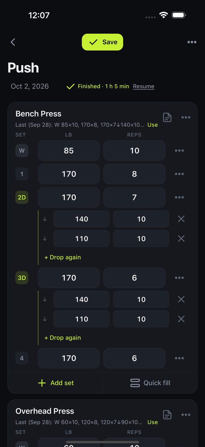 A finished workout open for editing