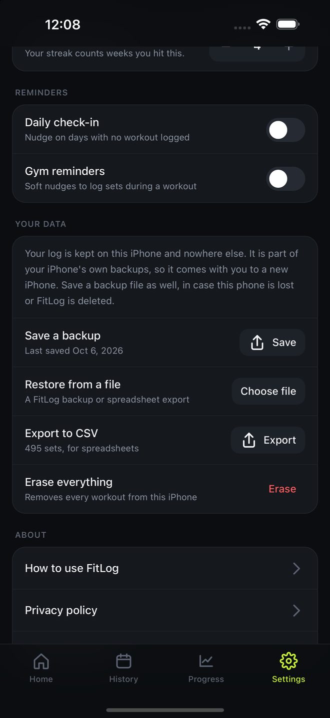 Settings, the Your data section