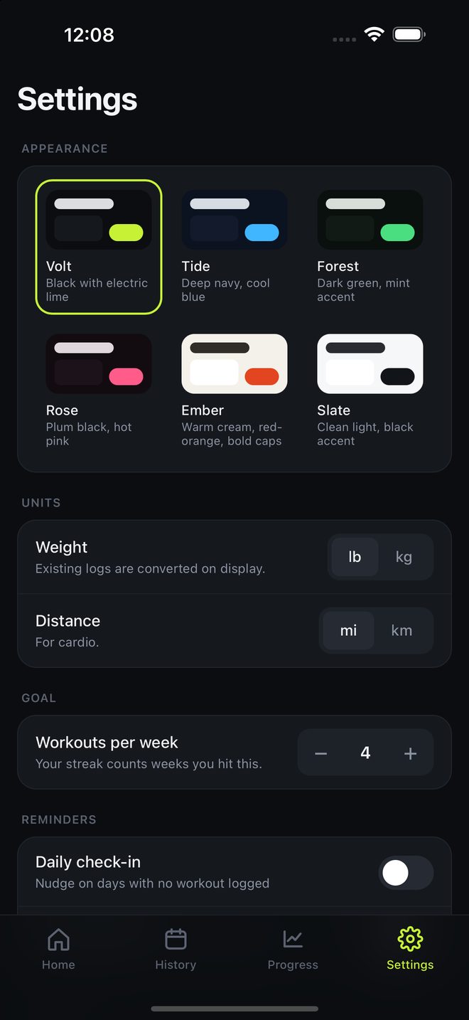 Settings, appearance units and goal